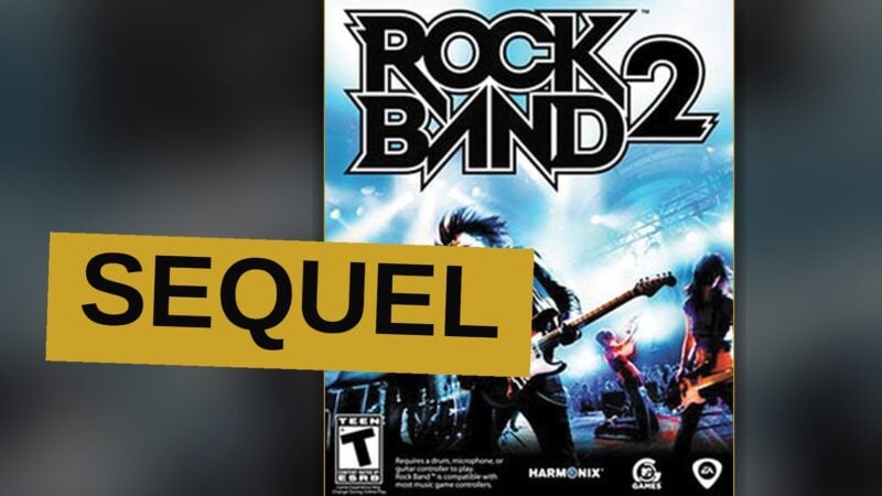 Four friends play Rock Band 2 in a living room, with one on guitar, one on drums, and two singing, under vivid stage lights.