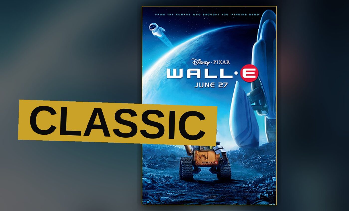 WALL-E, a small rusty robot, stands in a trash-covered desert with a green sprout growing from a boot at his feet.