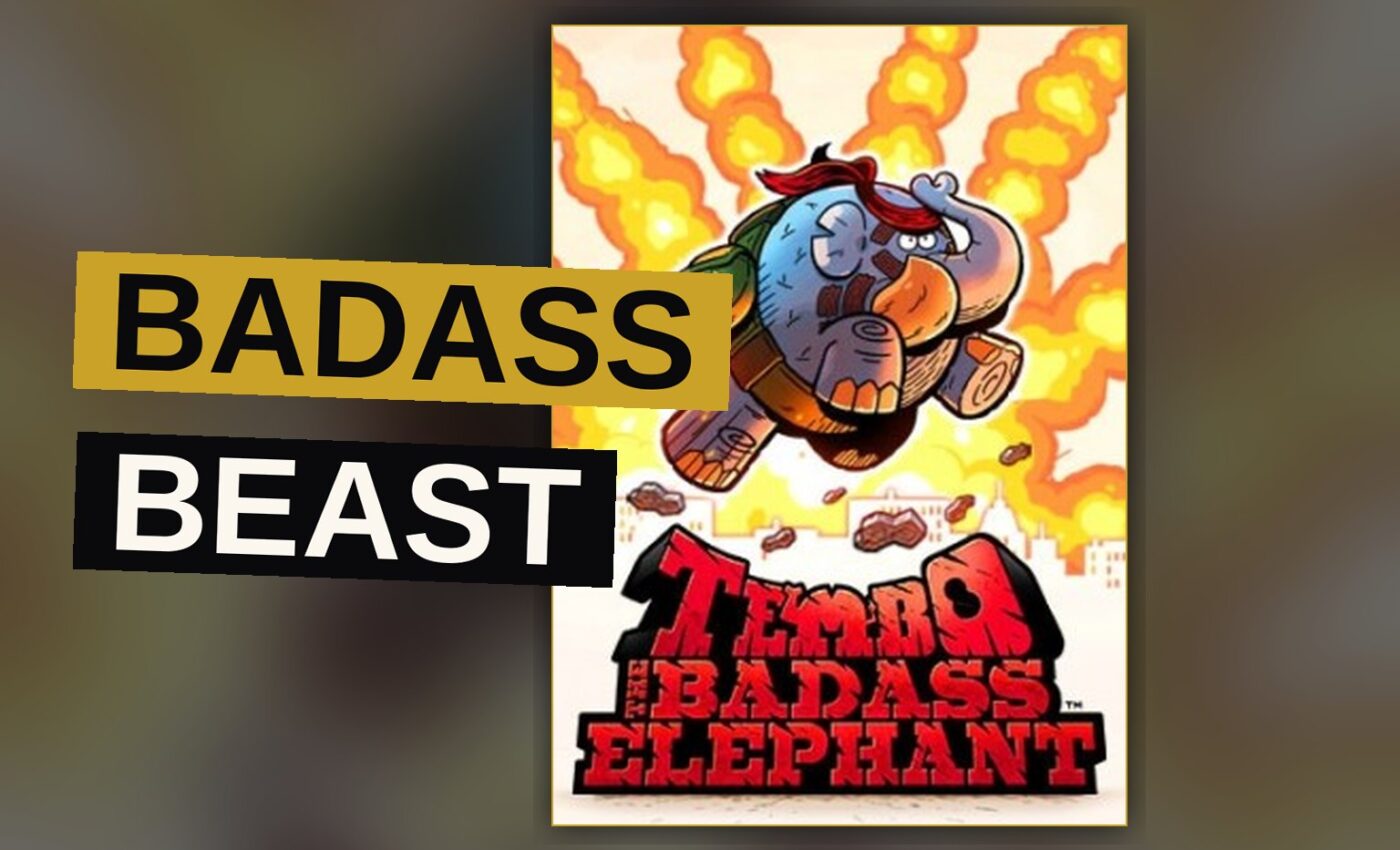 A vast elephant armed with guns upon its tusks tramples a field of ruin.