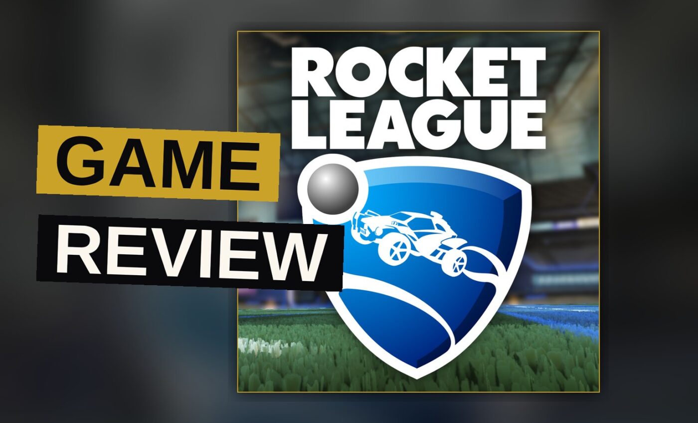 Two rocket-powered cars fly through the air chasing a giant soccer ball in a neon-lit arena.