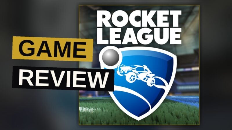 Two rocket-powered cars fly through the air chasing a giant soccer ball in a neon-lit arena.