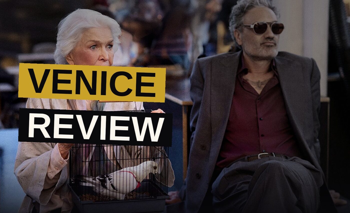 Ellen Burstyn and Taika Waititi sit in a car with a white pigeon on the dashboard during golden hour.