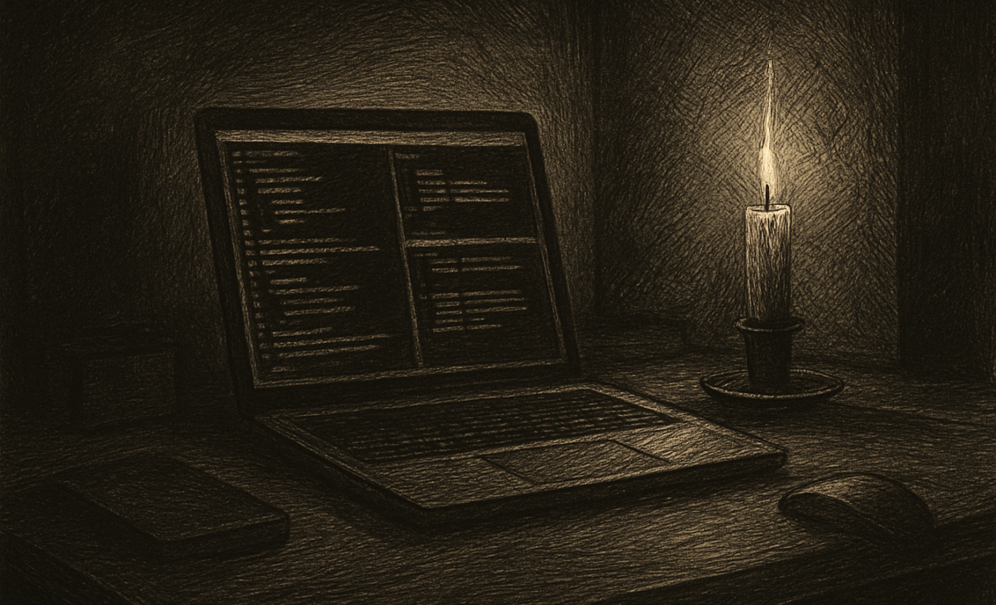 A laptop screen doth glow with lines of code within a chamber lit but faintly, as though a solitary scribe sitteth through the night.