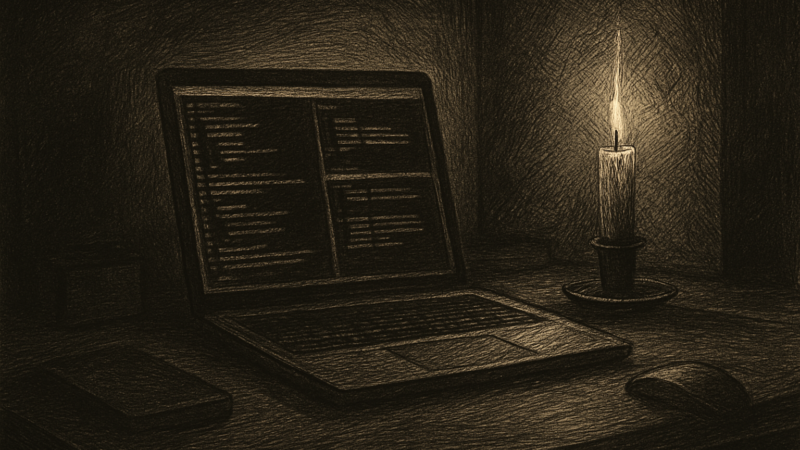 A laptop screen doth glow with lines of code within a chamber lit but faintly, as though a solitary scribe sitteth through the night.