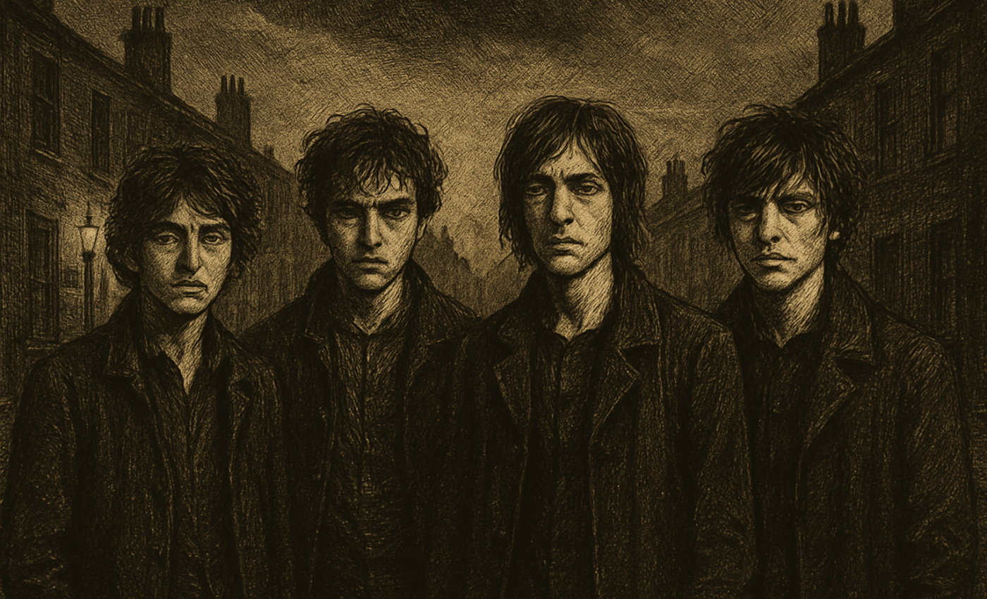 A band stands together on a rain-soaked city street at dusk, evoking the mood of a debut rock album.