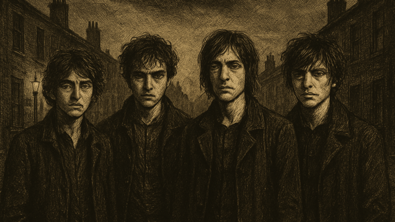 A band stands together on a rain-soaked city street at dusk, evoking the mood of a debut rock album.