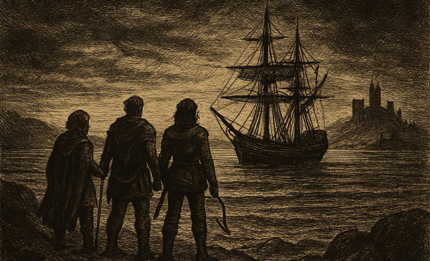 Three heroes stand beside their ship, looking toward distant castles across the wide, dark sea.