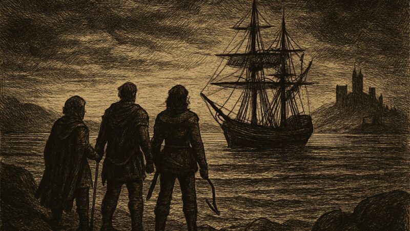 Three heroes stand beside their ship, looking toward distant castles across the wide, dark sea.