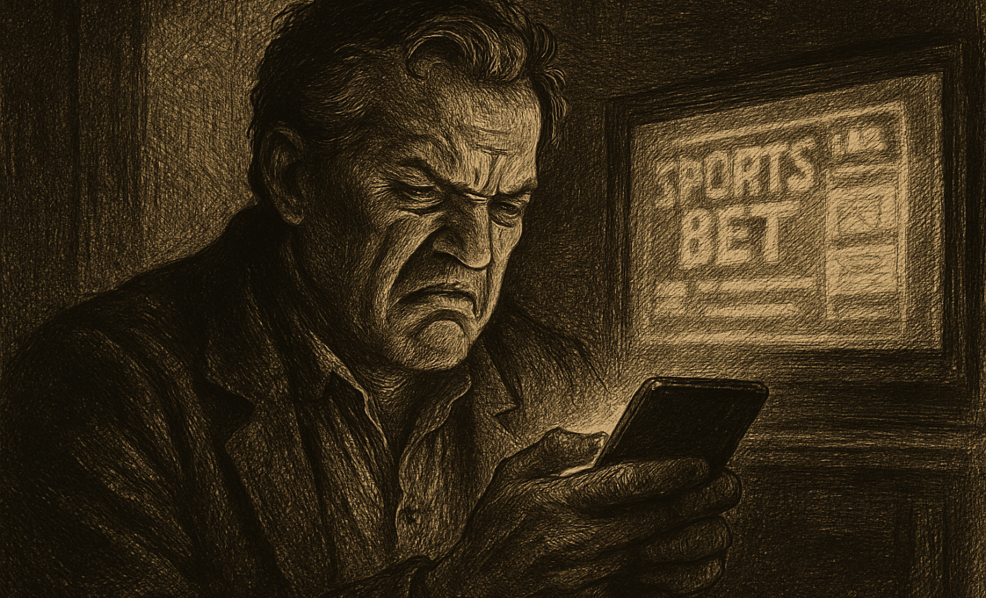 A man in a dimly lit room looks at his phone with a disgusted expression, a TV glowing in the background.