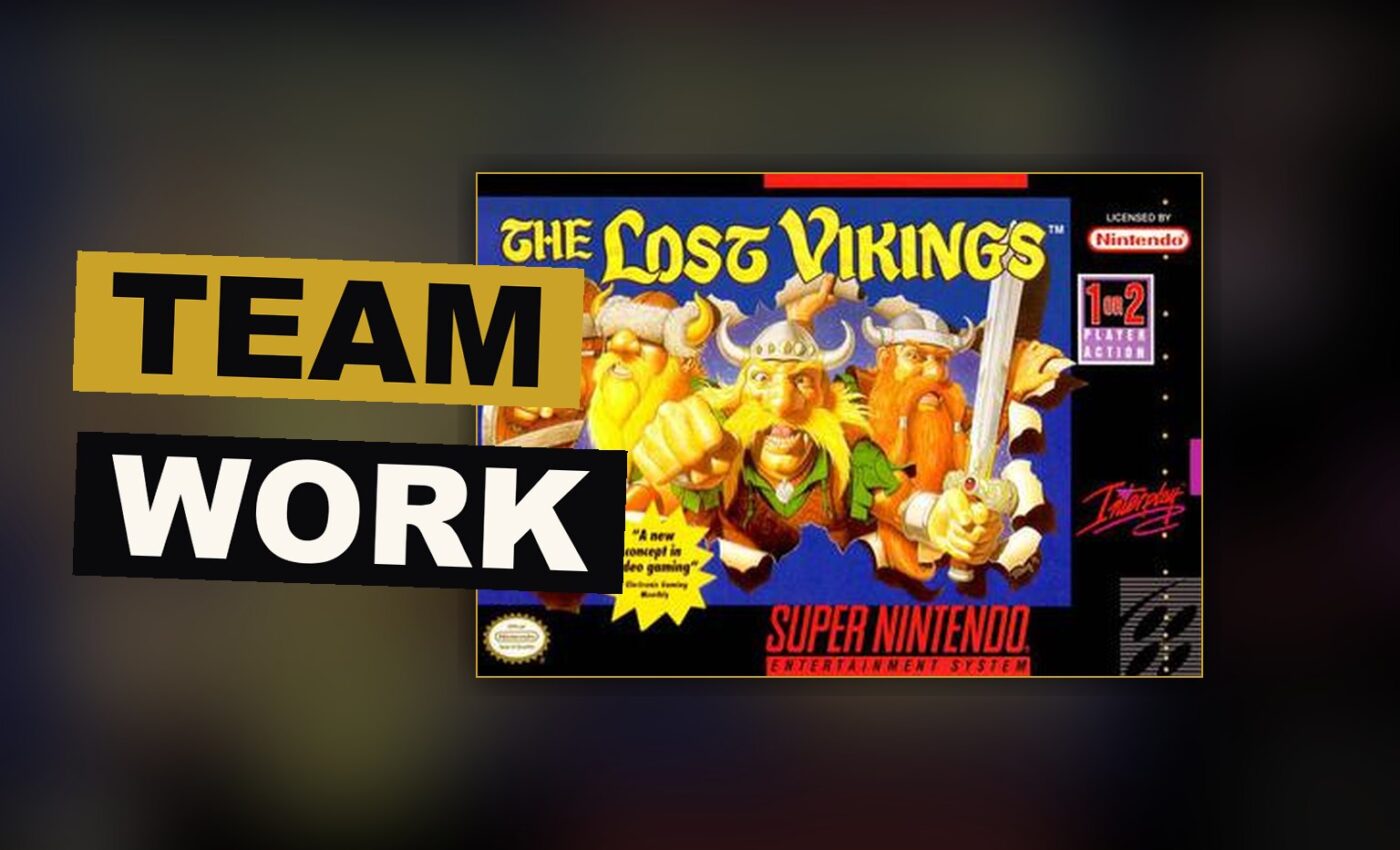 Three Vikings, each with a single skill, stand together before a locked door they cannot pass alone.