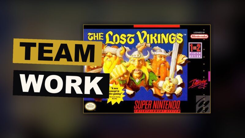 Three Vikings, each with a single skill, stand together before a locked door they cannot pass alone.