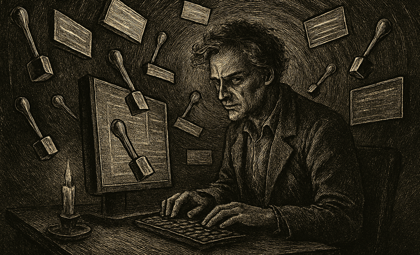 A developer sits at a desk, surrounded by glowing digital levers and floating screens, with a subtle spiral pattern in the background.