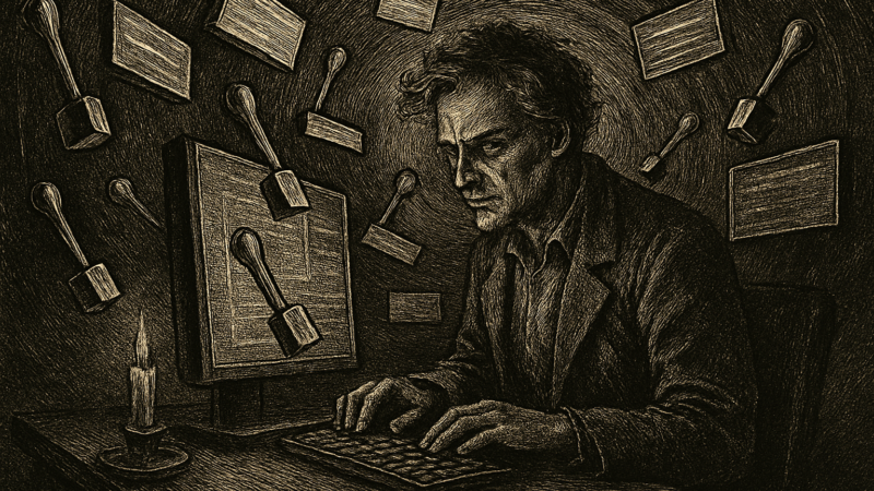 A developer sits at a desk, surrounded by glowing digital levers and floating screens, with a subtle spiral pattern in the background.