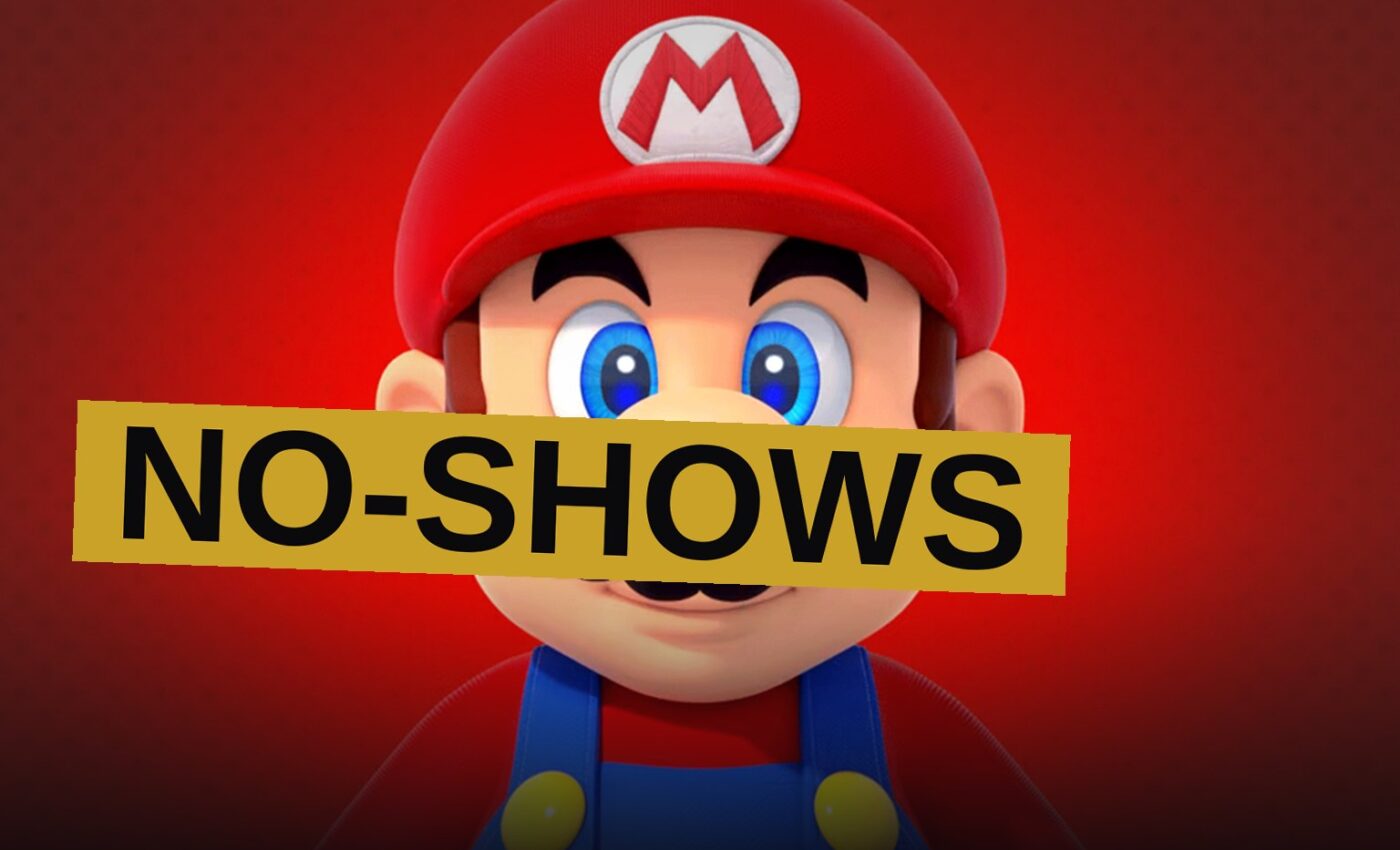 A dark stage with an empty spotlight and a Nintendo Switch 2 controller, surrounded by ghostly silhouettes and a question mark.