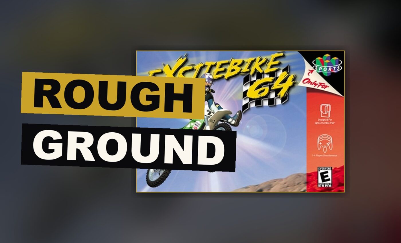A rider bends into a turn on rough, packed earth, catching air as the machine strains under real force.
