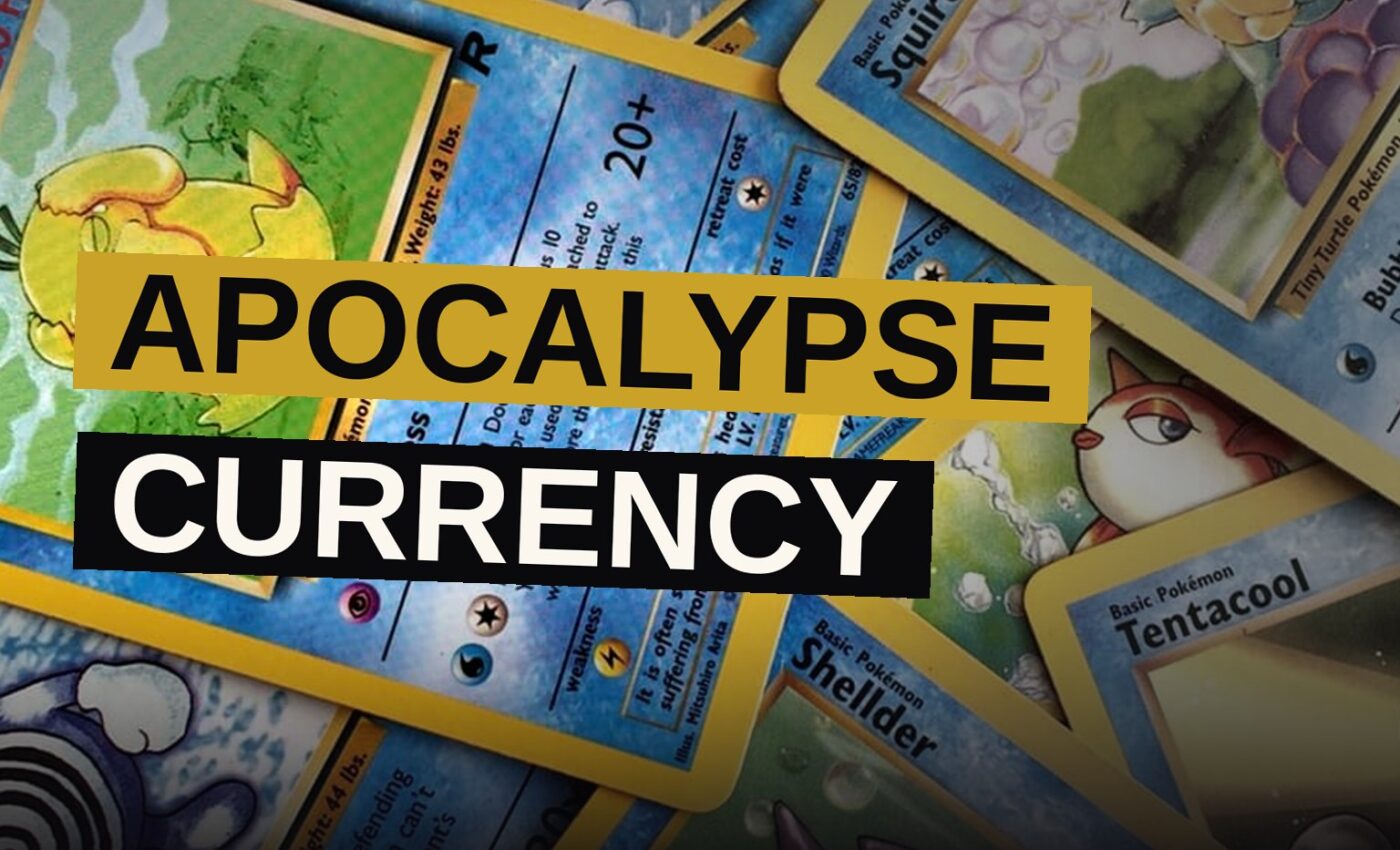A Pikachu Pokemon card lying on cracked, barren ground under dramatic lighting, suggesting a post-apocalyptic setting.