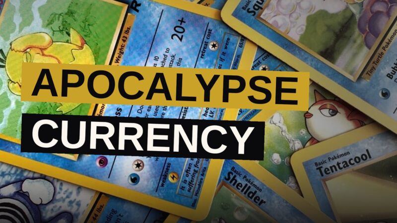 A Pikachu Pokemon card lying on cracked, barren ground under dramatic lighting, suggesting a post-apocalyptic setting.