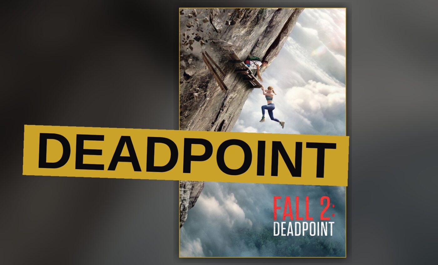 A climber clings to a towering wall of rock, the earth falling away beneath in dizzying descent.