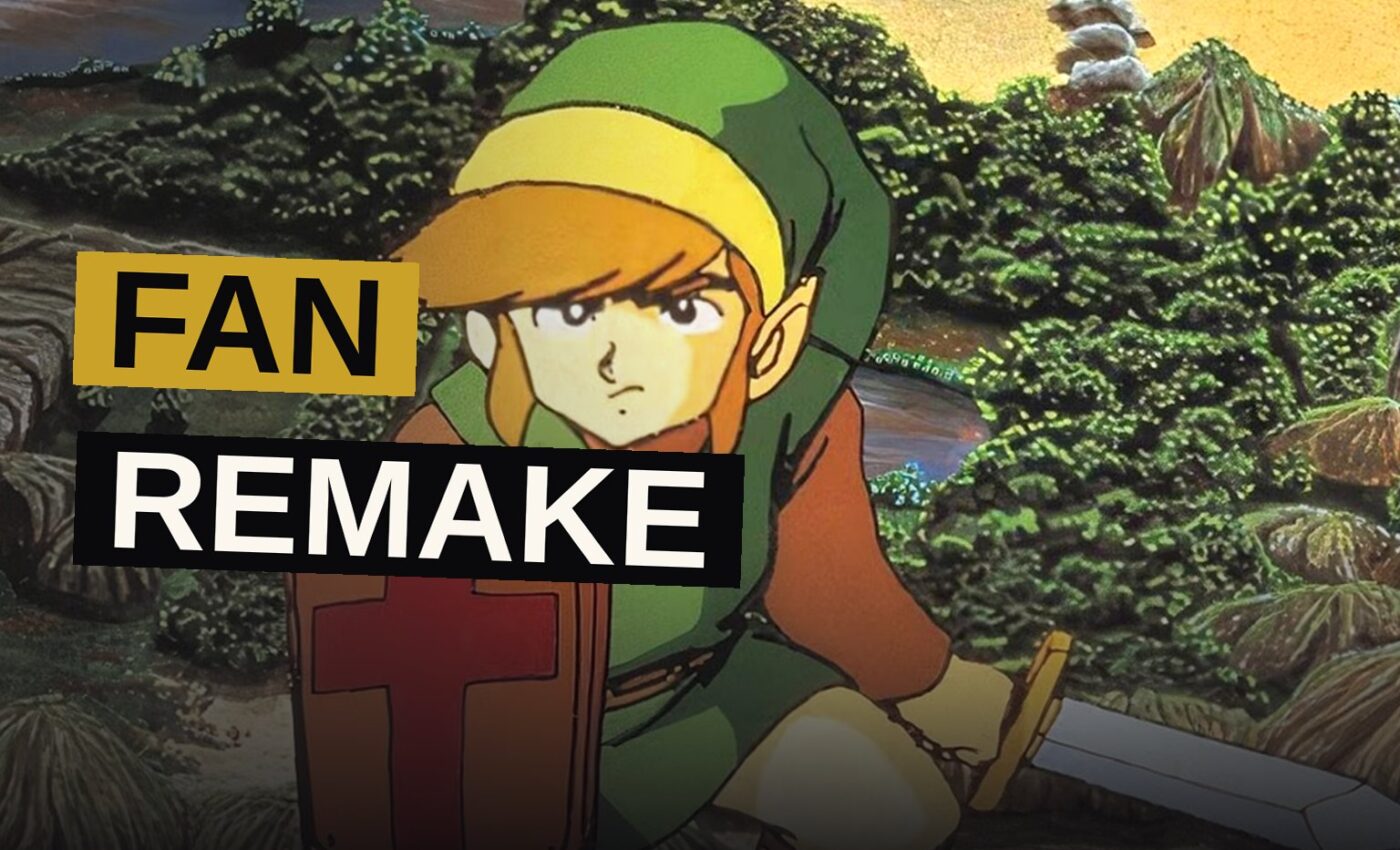A hero stands in a green field holding a sword, facing a glowing dungeon entrance.