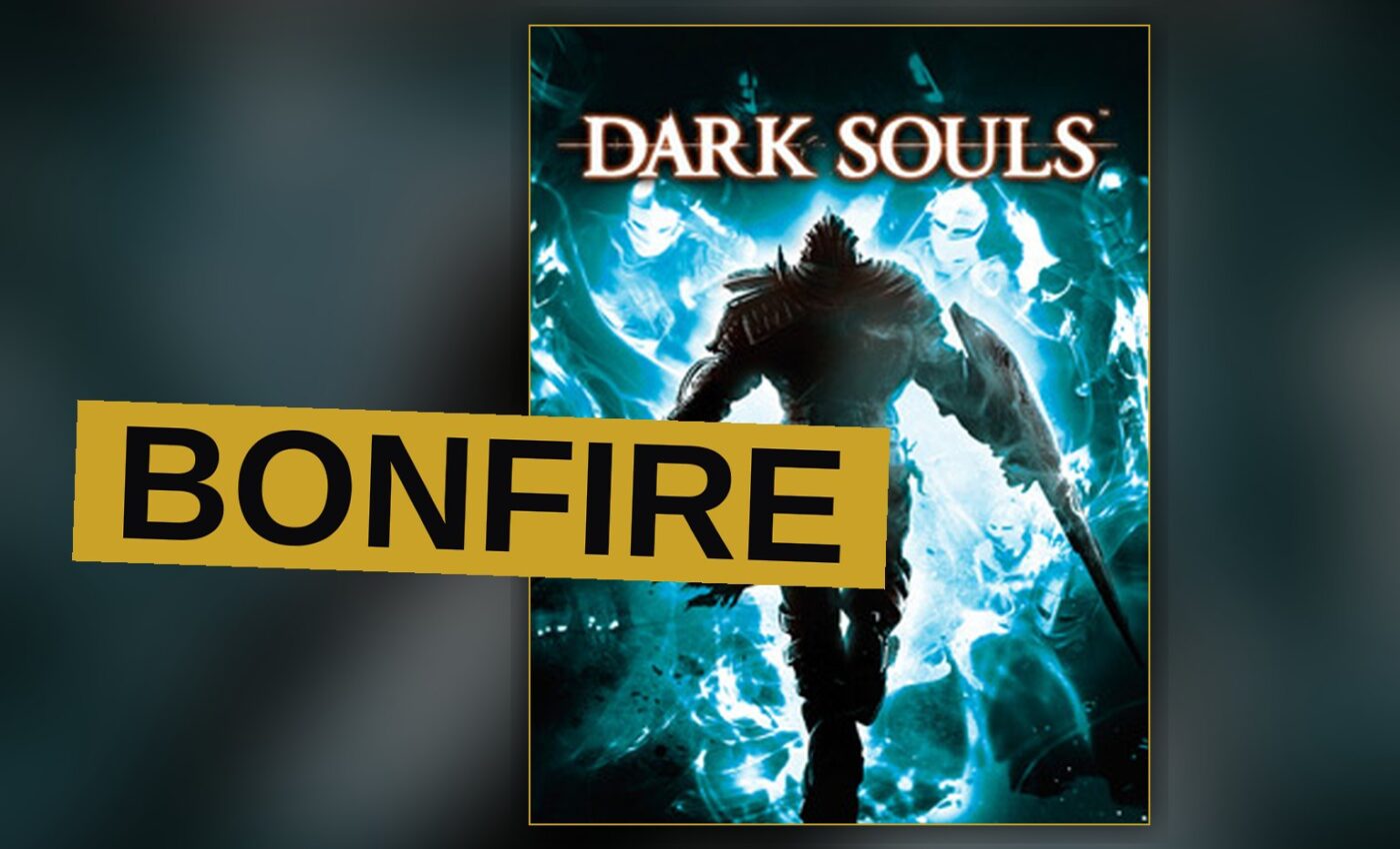A knight in dark armor stands before a glowing bonfire in a ruined gothic hall.