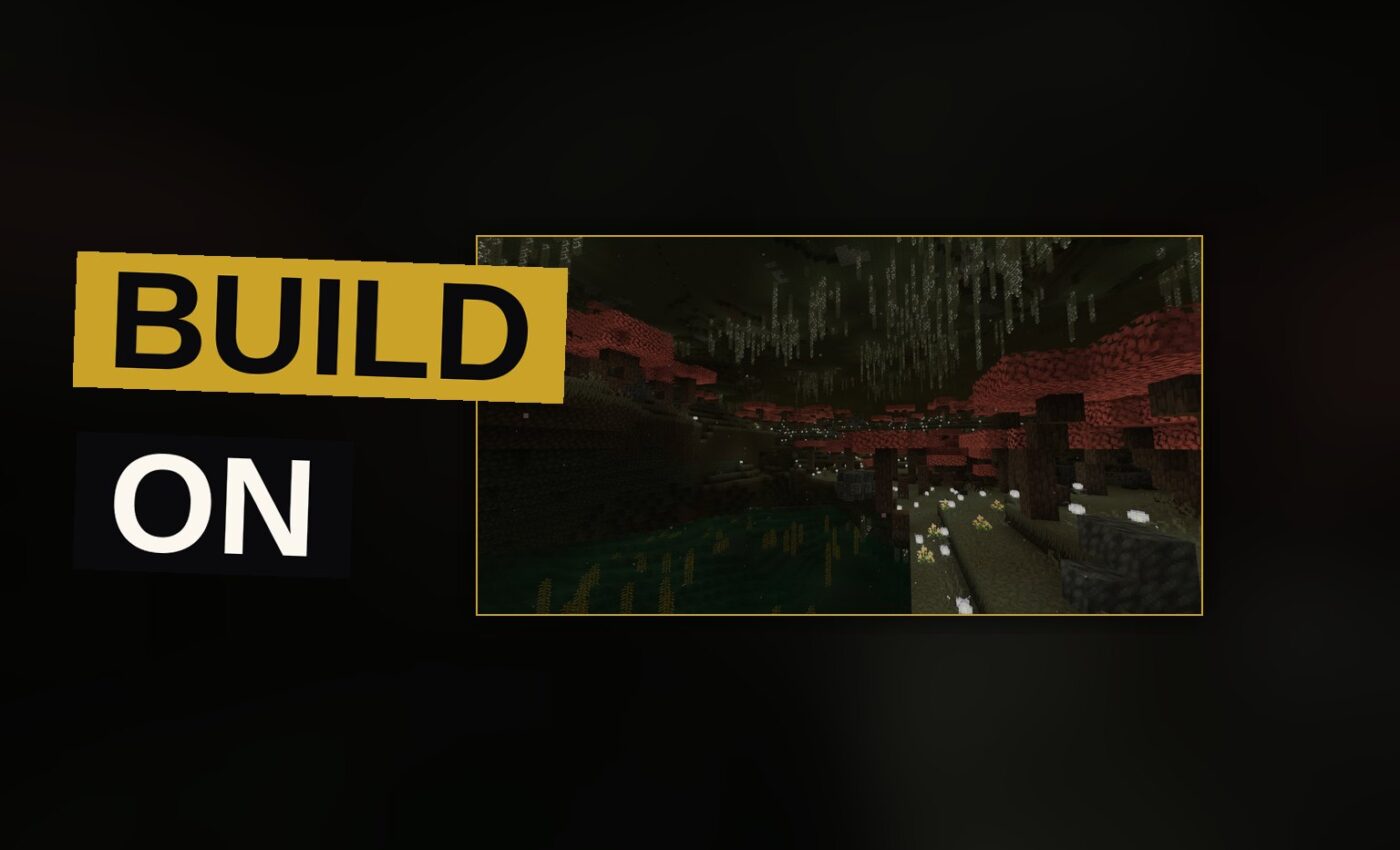 A vast world of blocks rises under a setting sun, where builders dwell and monsters lurk in the shadows.