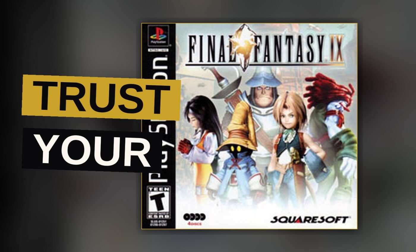 A thief and a princess stand together on a floating continent amid a bright, colorful fantasy landscape.