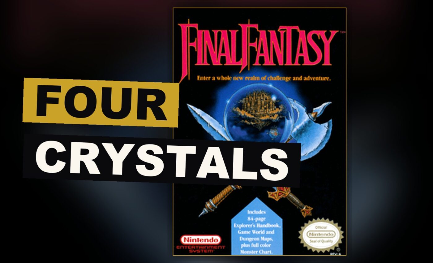 Four fighters stand before a glowing crystal, a wide land and flying ship beyond them.