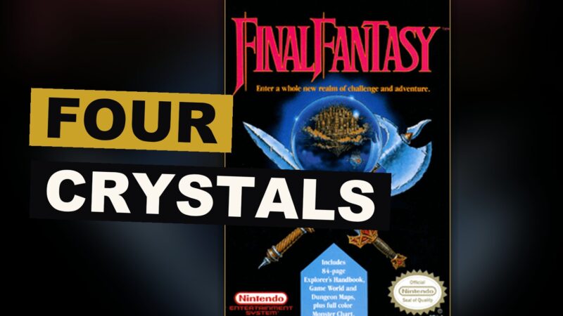 Four fighters stand before a glowing crystal, a wide land and flying ship beyond them.