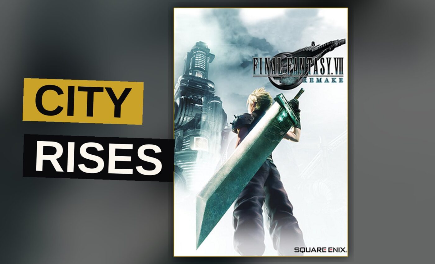 A lone warrior gazes over a vast, plated city whose lower district glows beneath its towering machinery.