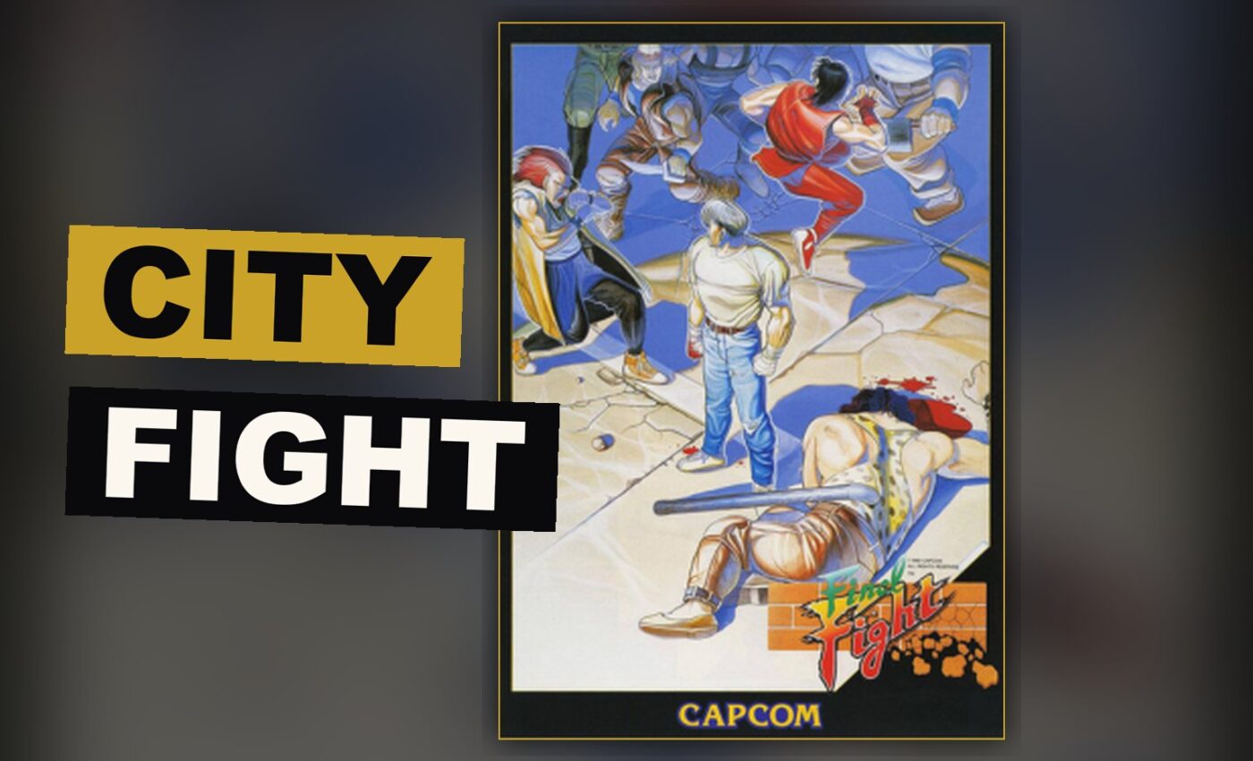 Two fighters battle a mob of enemies in a dark city street taken over by a gang.