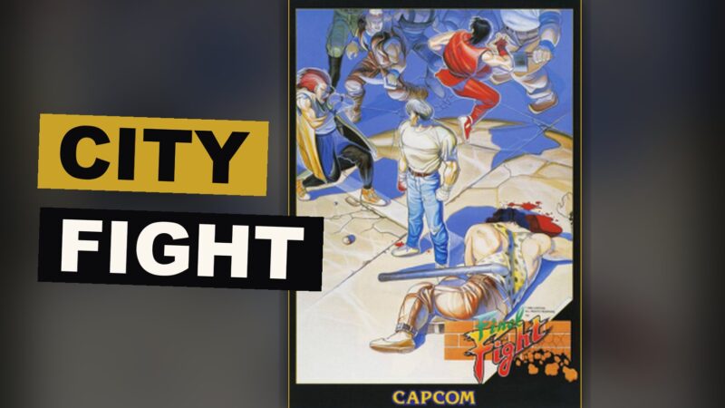 Two fighters battle a mob of enemies in a dark city street taken over by a gang.