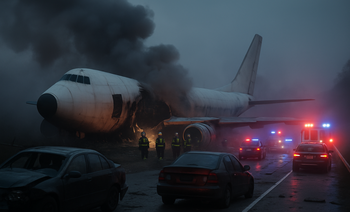 A ruined aircraft lies broken beside a road with many damaged carriages, dark clouds rising above the ruin into the evening sky.