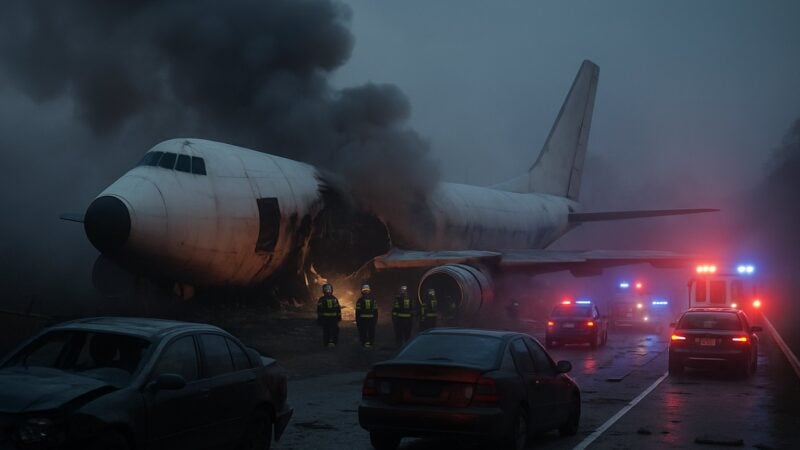 A ruined aircraft lies broken beside a road with many damaged carriages, dark clouds rising above the ruin into the evening sky.