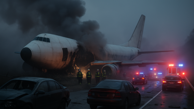 A ruined aircraft lies broken beside a road with many damaged carriages, dark clouds rising above the ruin into the evening sky.