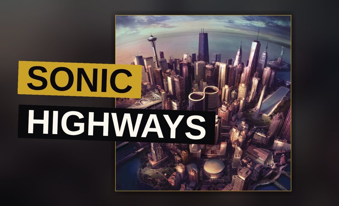 A solitary man stands amid a vast highway, guitar in hand, while cities glow in the far-off night.