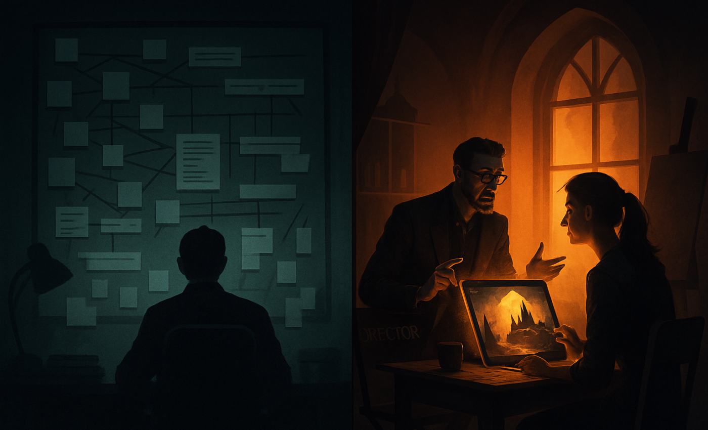 A shadowed Western office filled with charts stands beside a tranquil studio where a director and artist confer in quiet counsel.