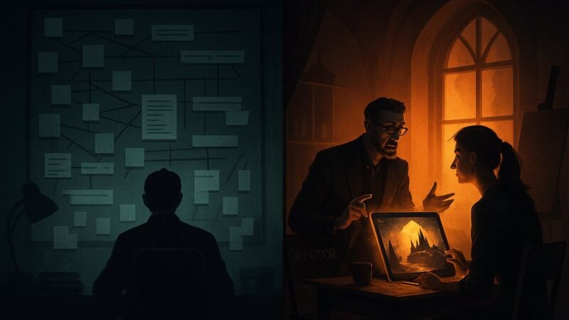 A shadowed Western office filled with charts stands beside a tranquil studio where a director and artist confer in quiet counsel.