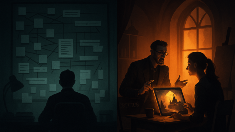 A shadowed Western office filled with charts stands beside a tranquil studio where a director and artist confer in quiet counsel.