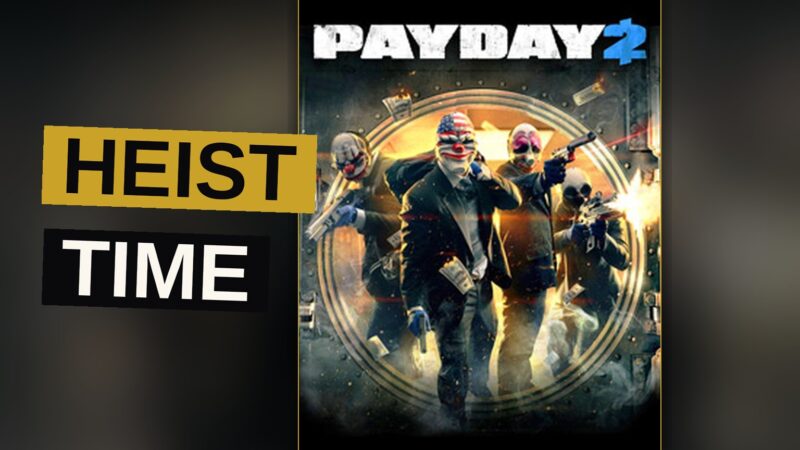 Four masked criminals stand before a vault door during a bank robbery.