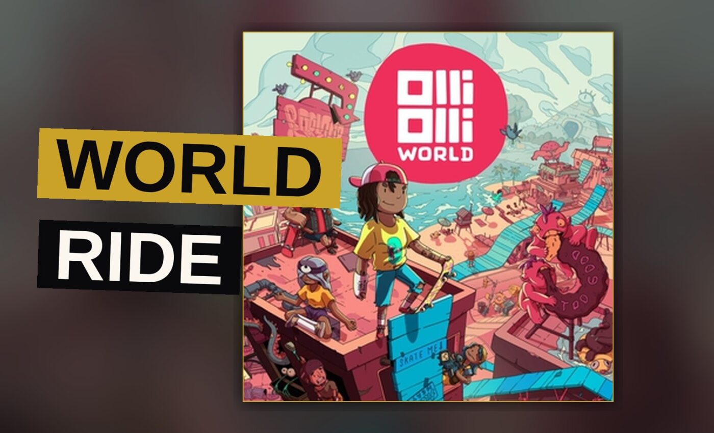 A skater glides along a rail above a bright, floating world of islands and color.