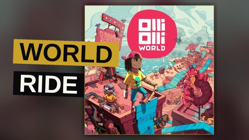 A skater glides along a rail above a bright, floating world of islands and color.