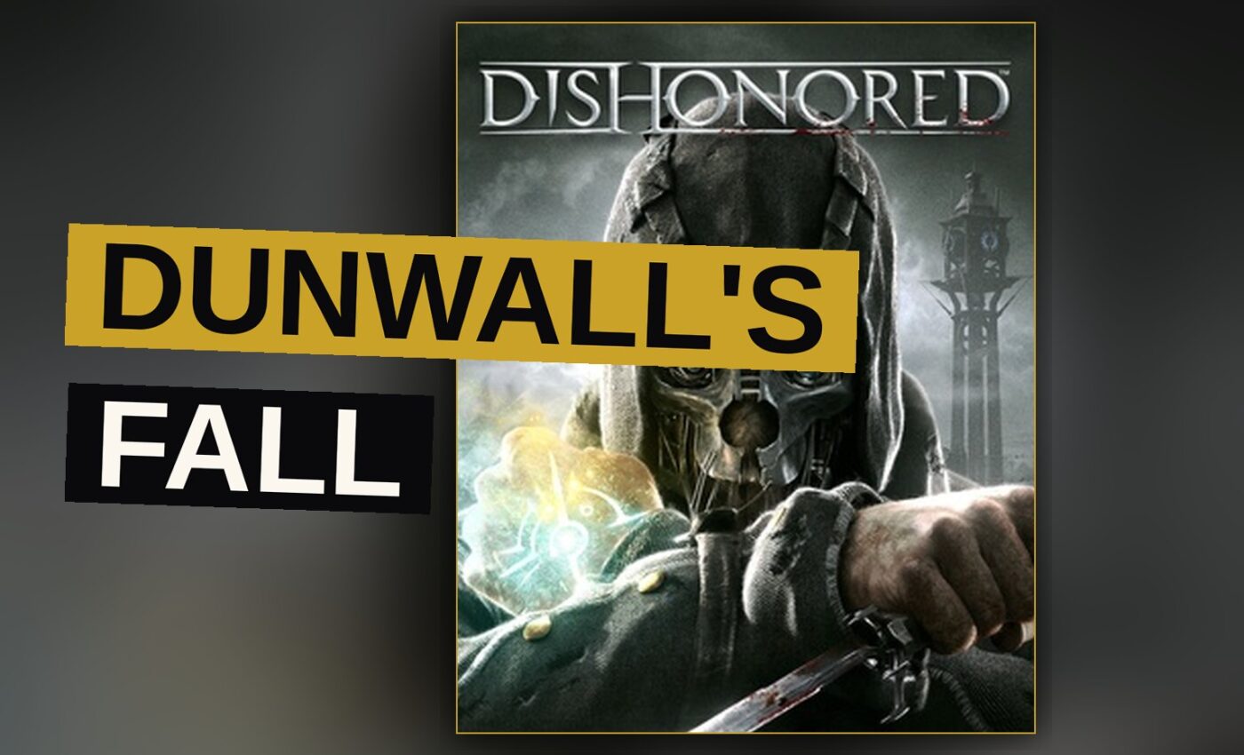 A cloaked figure stands amid fog and rain upon a rain-swept street of the grim city of Dunwall.