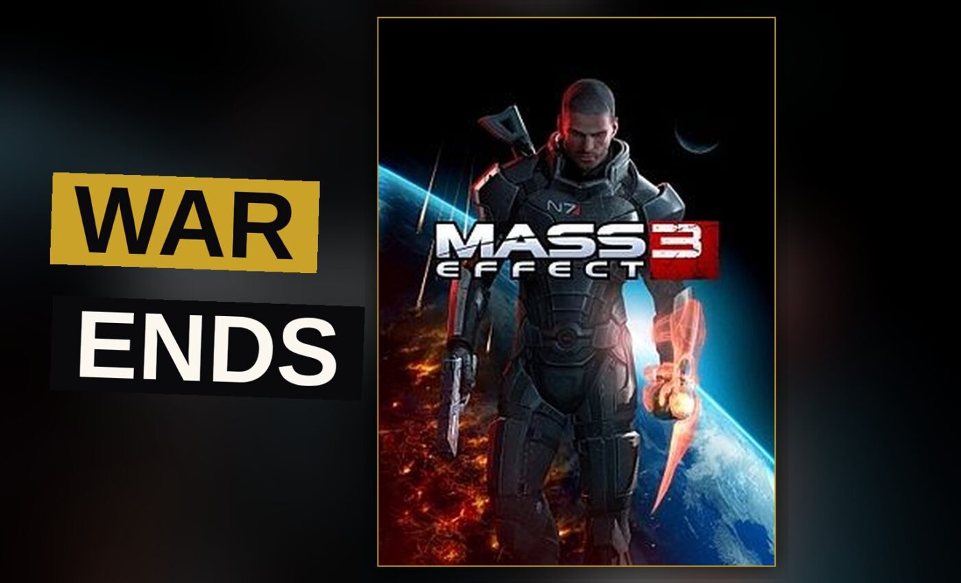 Commander Shepard stands on a battlefield, looking at a burning Earth with Reaper ships in the sky.