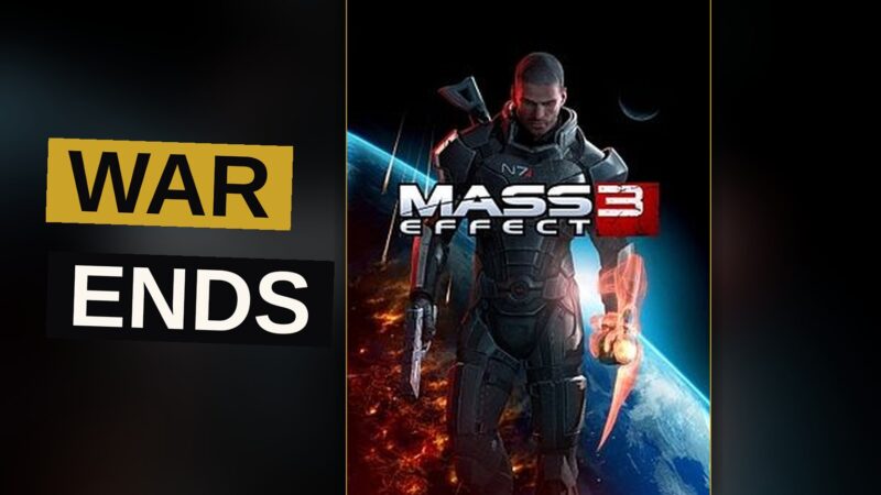Commander Shepard stands on a battlefield, looking at a burning Earth with Reaper ships in the sky.