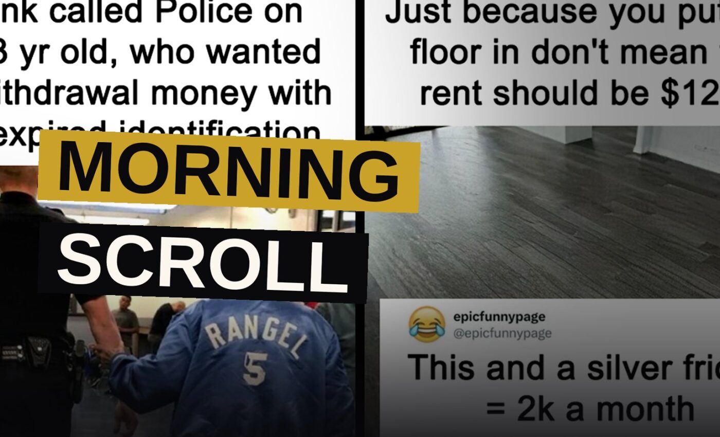 A phone displaying a meme sits beside a coffee mug on a breakfast table bathed in morning light.