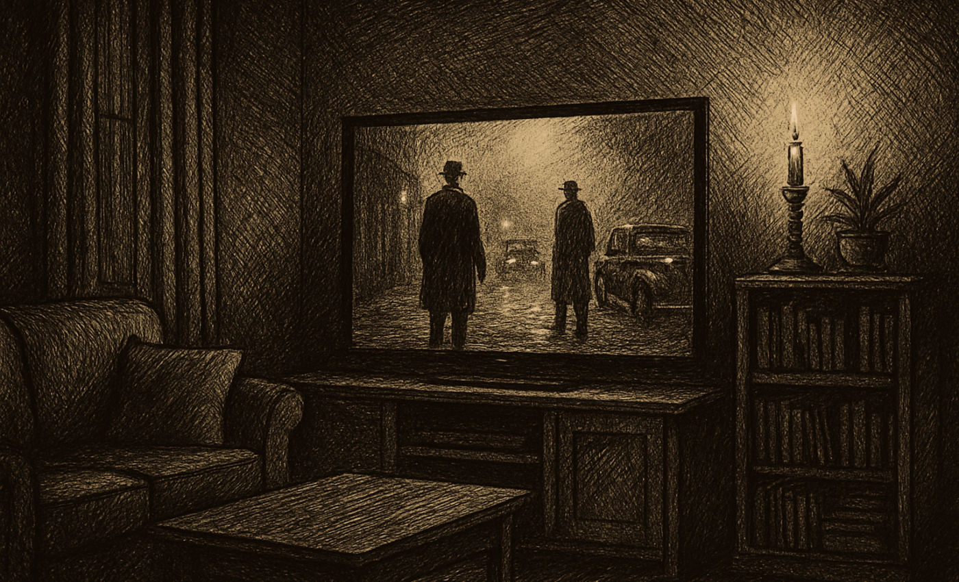 A television screen glows with the image of a fog-shrouded British street scene.