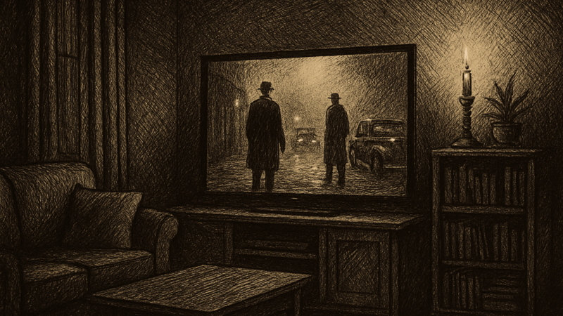 A television screen glows with the image of a fog-shrouded British street scene.