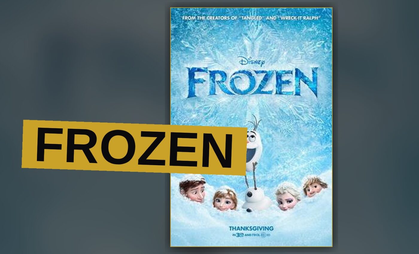 Elsa and Anna stand together on a snowy fjord, with Elsa's ice palace glowing behind them.