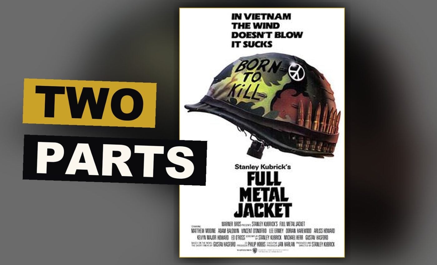 A soldier stands between a harsh training camp and a ruined city street, split by war.