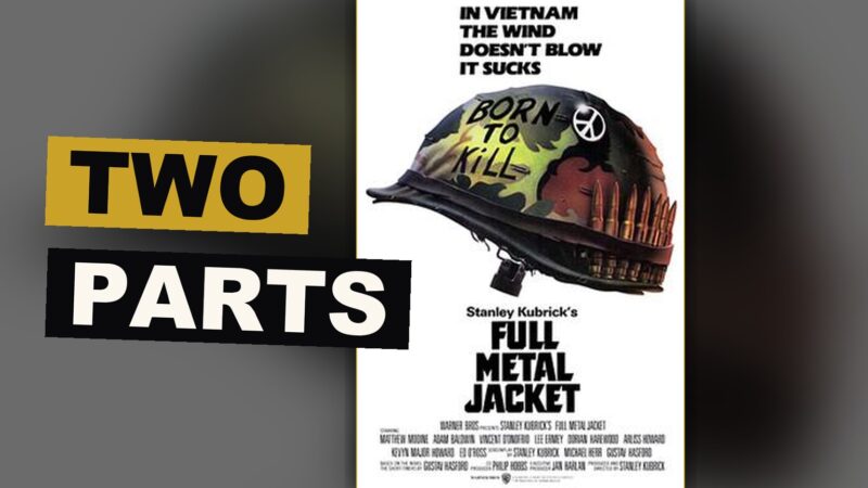 A soldier stands between a harsh training camp and a ruined city street, split by war.